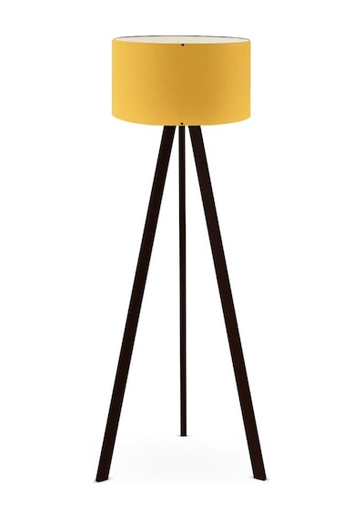 Pratik Tripod Ahşap Ayaklı Lambader Köşe Lambası Sarı Kumaş Salon Oturma Odası Sarı