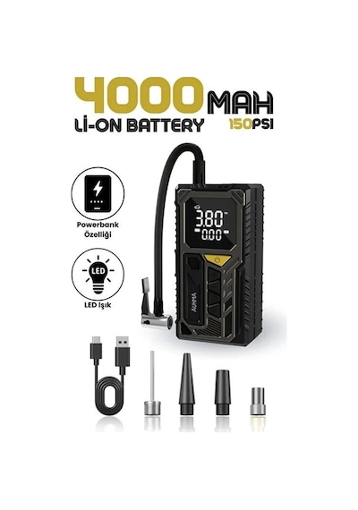 4000mah Ha Kompresörü Powerbank Özellikli Kompresör Araba Bisiklet Top Lastik Şişirme Pompası