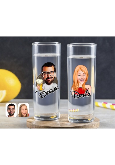 Kişiye Özel Renkli Baskılı Erkek Ve Kadın Karikatürlü İkili Vodka Bardağı-6 Çok Renkli