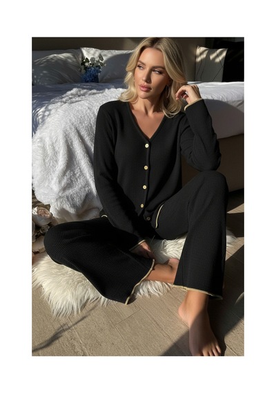 Fantezia Night Premium Kadın Fitilli Pijama Takımı Siyah Gold Biye Detaylı, Yumuşak Dokulu Ev Şıklığı