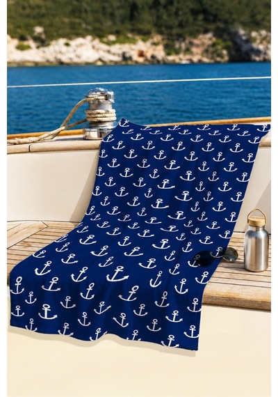 Çapa Marine Lacivert Plaj Havlusu - Nautical Beyaz Lacivert Hızlı Kuruyan Mikrofiber Havlu Kuru Kıyısı