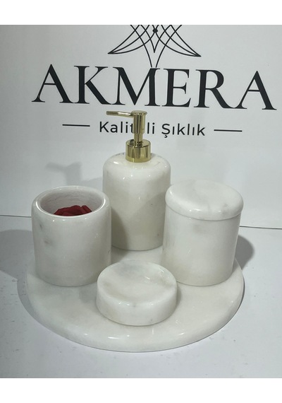 Akmera Elite 5 Parça %100 Gerçek Mermer Banyo Seti Beyaz - Gümüş