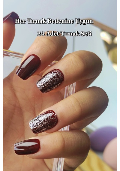 24 Adet Simli Bordo Renk Takma Tırnak Seti Yapıştırıcı Bant Hediyeli Dy1205 Bordo