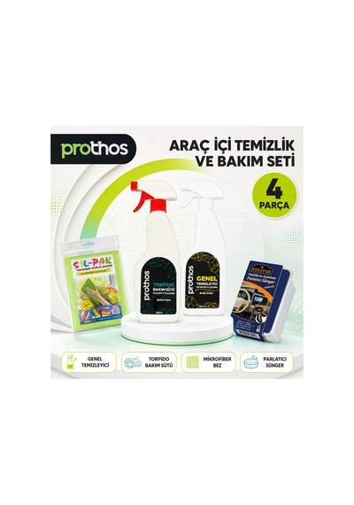 Araç İçi Temizlik Ve Bakım Seti 4 Parça Genel Temizleyici 500 Ml, Torpido Bakım Sütü, Mikrofiber Bez Ve Parlatıcı Sünger