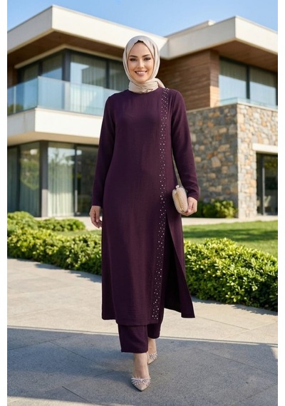 Hb Harma Time Butik Kadın İnci İşlemeli Bordo Tunik-pantolon İkili Takım