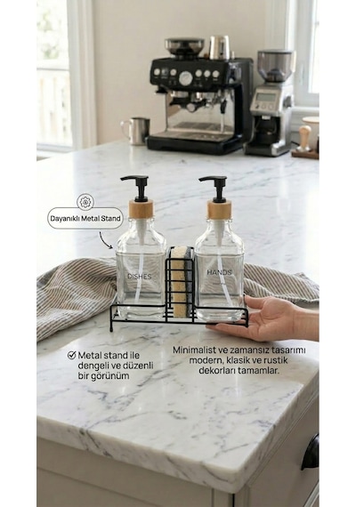 Makri Home Stantlı Bambu Kapaklı İkili Cam Sıvı Sabunluk & Deterjanlık Seti 2 500 Ml, 22,5 8,5 24 Cm Şeffaf