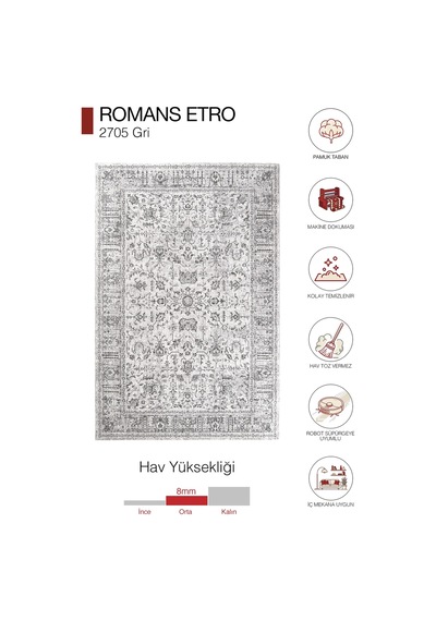 Hoom Rugs Etro 2705 Gri Vintage Desenli Salon Halısı