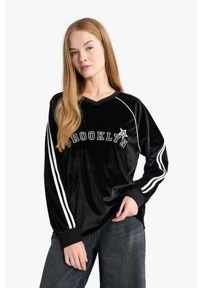 Defacto Oversize Geniş Kalıp V Yaka Baskılı Kadife Sweatshirt G3729ax25wnbk81 Siyah-bk81