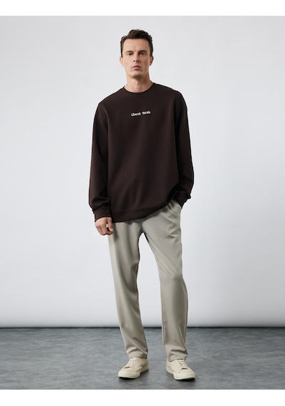 Koton İşleme Detaylı Uzun Kollu Bisiklet Yaka Sweatshirt Kahverengi 6wam70077mk Kahve