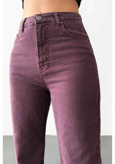 Lacarino 7869 Wide Leg Kadın Gül Baskılı Jean Pantolon Bordo