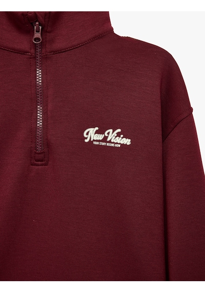 Koton Baskılı Viskon Karışımlı Uzun Kollu Fermuarlı Yaka Sweatshirt Bordo 7wkg10376ak
