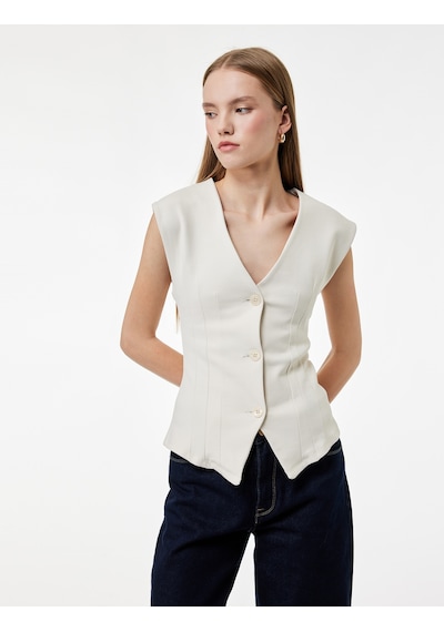 Koton Slim Fit Düğmeli Dikiş Detaylı Kolsuz V Yaka Yelek Ekru 6wal90039ık Ekru