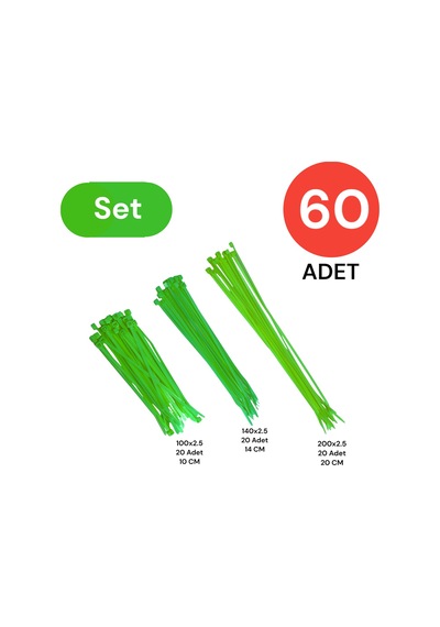 Tek-iş Plastik Kablo Bağı Klipsi Cırt Kelepçe Set 100-150-200 X 2.5 Mm Yeşil 20 X 3 60 Adet
