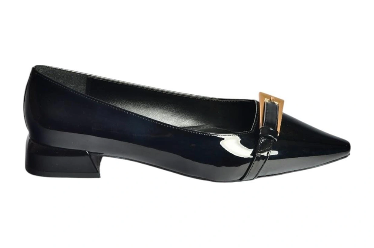 Fox Shoes V250093008 Siyah Rugan Sivri Burun Alçak Topuklu Kadın Ayakkabı Siyah-rugan