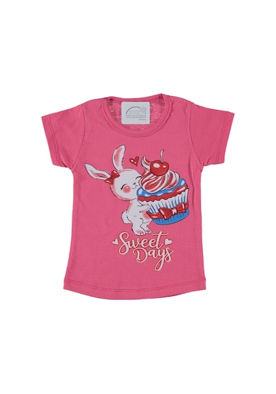 Liay Moda Pastalı Tavşan Baskılı Kız Çocuk Tişört Pembe