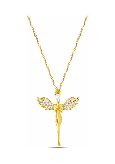 Çekirdekjewelry 925 Ayar Gümüş Melek Kolye Zirkon Taşlı Kanatlı Melek Figürlü Kadın Kolye Sarı