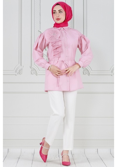 Sevitli İnci Çakım Fırfırlı Tunik-pembe-3780-pembe Pembe