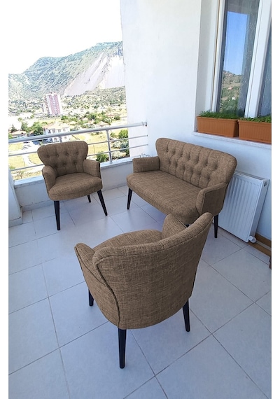 Azra Mobilya Çay Seti Koltuk Takımı - Keten Kumaş - Ahşap Ayak - Balkon Mobilyası- Kahverengi Kahverengi