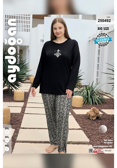 Aydoğan Kadın İnci Büyük Beden She Is Me Siyah Pijama Takımı 0492 Siyah