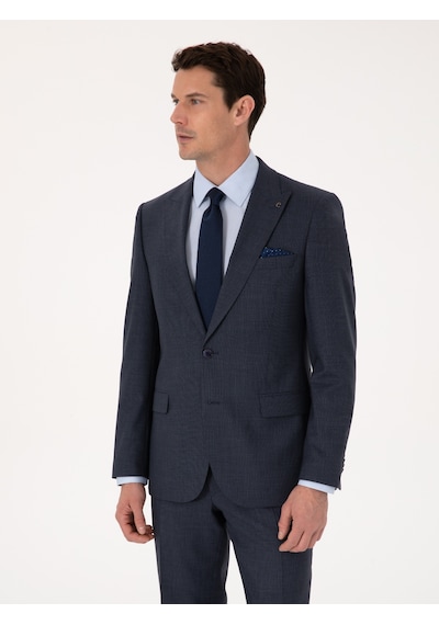 Cacharel Lacivert Slim Fit Yün Karışımlı Mikro Desen Kırlangıç Yaka Takım Elbise