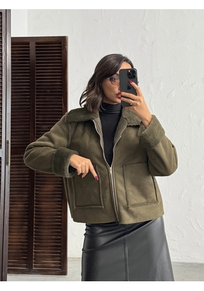 Verymoda Süet Tavşan Lamine Mont F2027 Haki