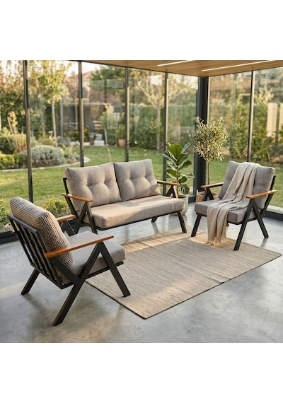 Venedik 2+1+1 Metal Balkon Takımı Keten Dokulu Kumaş Siyah Metal - Bahçe Teras Oturma Grubu