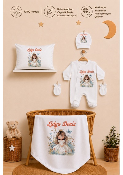 Pia Baby Kız Bebek Tulum Seti İsim Baskılı %100 Pamuk Yastık Kılıfı Ve Battaniye 1078tyb0x Ekru