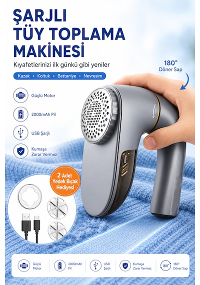 Şarjlı Tüy Toplama Makinesi 2000mah Usb-c Şarjlı 180 Derece Döner Saplı Kazak Koltuk Battaniye Nevresim Tiftik Temizleyici Gri