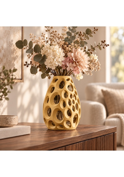 Dekoratif Vazo 20 Cm Oval Delikli Modern Tasarım Kuru Ve Yapay Çiçek Vazosu Altın