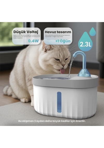 Aquata Otomatik Kedi Su Pınarı Ultra Sessiz Kedi Su Sebili 40db Usb Bağlantılı 2,3 Lt Mavi, Standart
