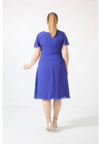 Moda Berray 3297 Saks Kolu Fırfırlı Bele Oturan Astarlı Şifon Elbise Saks Saks Mavi