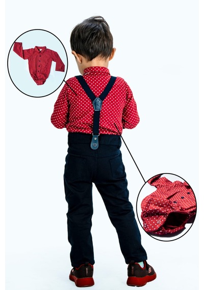 Mnk Baby & Kids Gömlekli Alttan Çıtçıtlı Gabardin Pantolonlu Pamuklu Bebek Takım Kırmızı