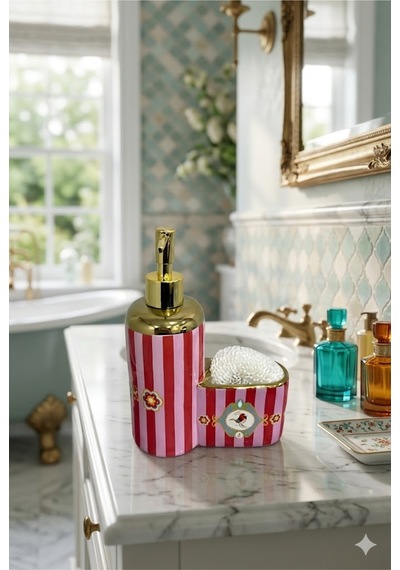Kuş Motifli Gold Detaylı Çizgili Porselen Sıvı Sabunluk + Bulaşık Süngeri + Süngerlik Seti 500 Ml 20 X 15 X 7 Cm Kırmızı - Pembe - Gold