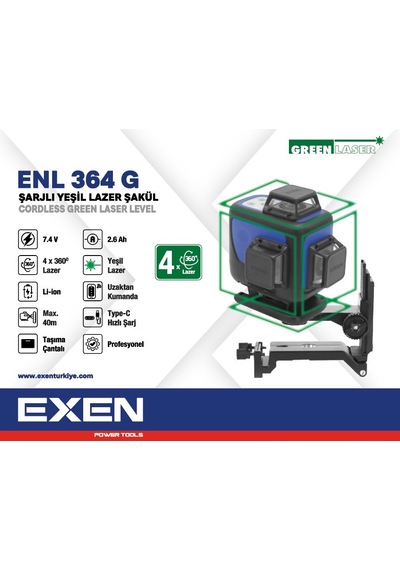 Exen Enl 364 G - 4x360 7.4v 2.6ah Şarjlı Yeşil Lazer Şakül Set