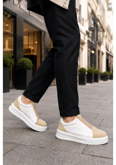 Mevese Torino Erkek Bağcıksız Cilt Günlük Sneaker Ayakkabı Ortopedik Kalın Taban Bej