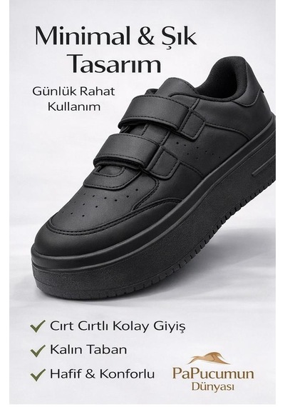Papucumun Dünyası Aır Kalın Yüksek Taban Cırt Bantlı Kadın Sneaker Siyah