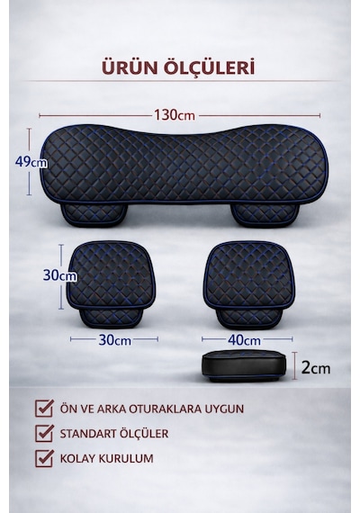 Peugeot Bipper 2008-2017 Uyumlu 3 Parça Deri Oturak Minder Siyah - Mavi