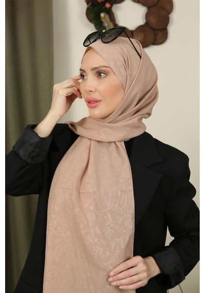 Flora Tekstil Çiçekli Desen İnce Medine İpeği Jakar Şal Koyu Bej