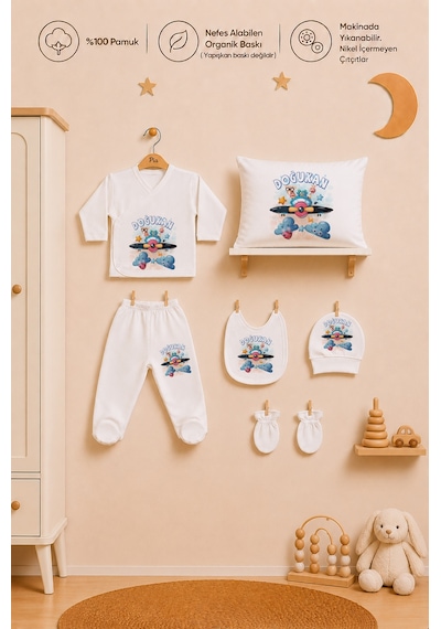 Pia Baby İsimli Erkek Bebek Zıbın Şapka Önlük Eldiven Ve Yastık Kılıfı %100 Pamuk Organik Baskılı 2048yz0x Ekru