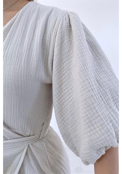 Elbee Fashion Woman Kuşaklı Müslin Elbise - Bej-7108