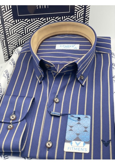 Slim Fit Uzun Kol Premium Çizgili Yaka Düğmeli Hediye Kutulu Erkek Gömlek Fs-004335 - Lacivert Bej-2902 Slim Fit Uzun Kol Premium Çizgili Yaka Düğmeli Hediye Kutulu Erkek Gömlek Fs-004335 - Lacivert Bej-2902