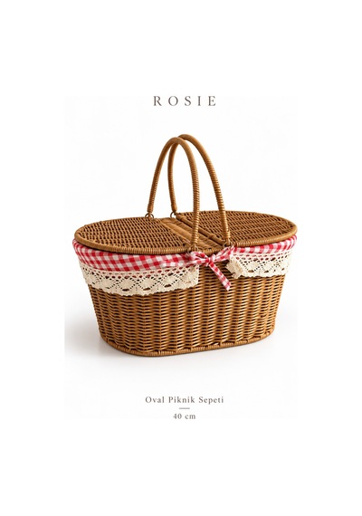 Rosıe Pötikare Desen Kumaş 2 Kapaklı Oval Piknik Sepeti 40 Cm Karışık