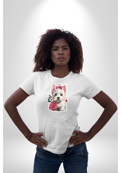 Beyaz Highland Teriyeri Kırmızı Gül Unisex Unisex Beyaz Organik Baskılı T-shirt Penye Yüksek Kalite Beyaz