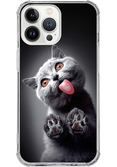 Apple Uyumlu iPhone 13 Pro Kedi 2 Baskılı Şeffaf Köşe Korumalı Antişok Kılıf