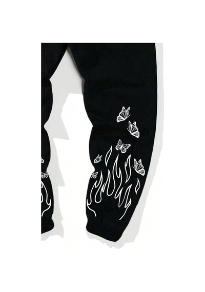 Tarzsokak Legnd Fire & Letter Graphic Drawstring Waist Eşofman Altı Siyah