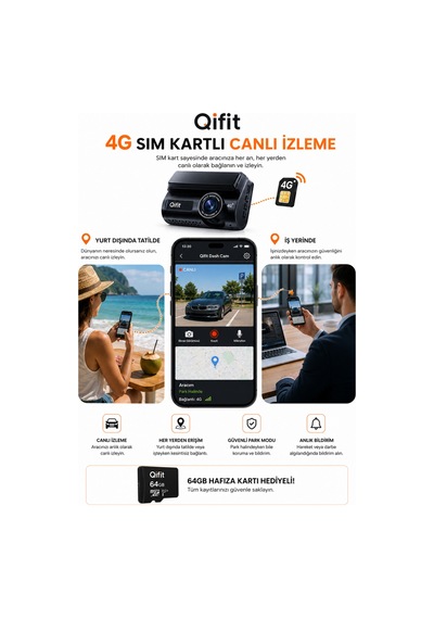 4g Sım Kartlı 2k Araç Kamerası Canlı İzleme + Park Modu + 64gb Hediye