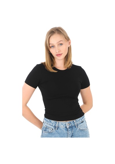 Crop Slim Fit Pamuk Likra Tişört-siyah Siyah