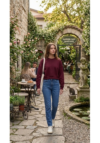 Luxıc Core Kadın Crop Bisiklet Yaka Sweatshirt Pamuklu Yumuşak Dokulu Günlük Spor Sweatshirt Bordo