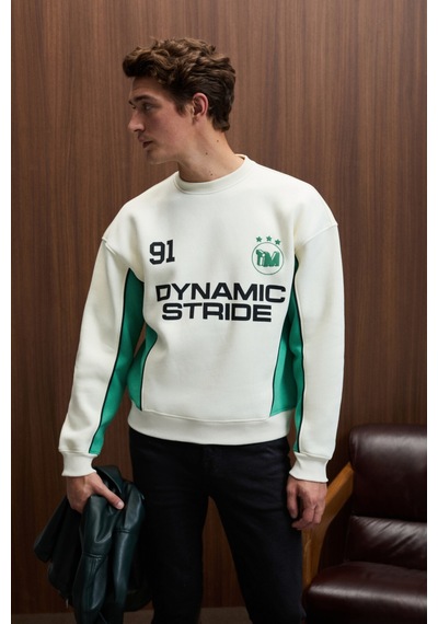 Grimelange MONTY Erkek Yuvarlak Yaka Baskılı Omuzları Yeşil Renkte Relaxed Fit Ekru Sweatshirt