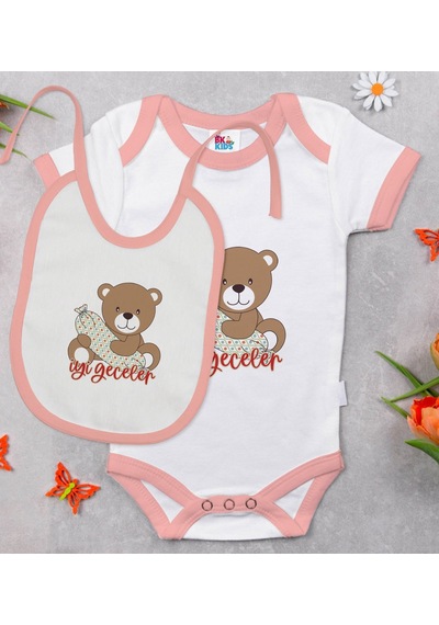 Bk Kids Sevimli Ayıcık Tasarımlı Pembe Bebek Body Zıbın Ve Mama Ö Çok Renkli